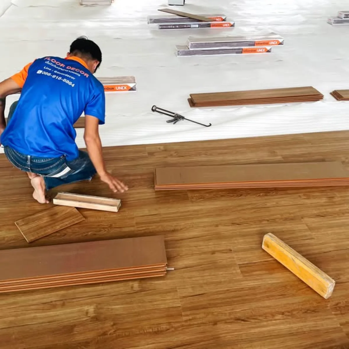 Close-up of floor installation in progress
